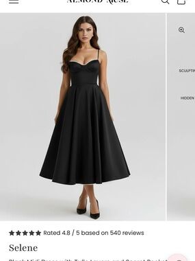 Almond Muse Selene Black Midi Fit-and-Flare Dress by